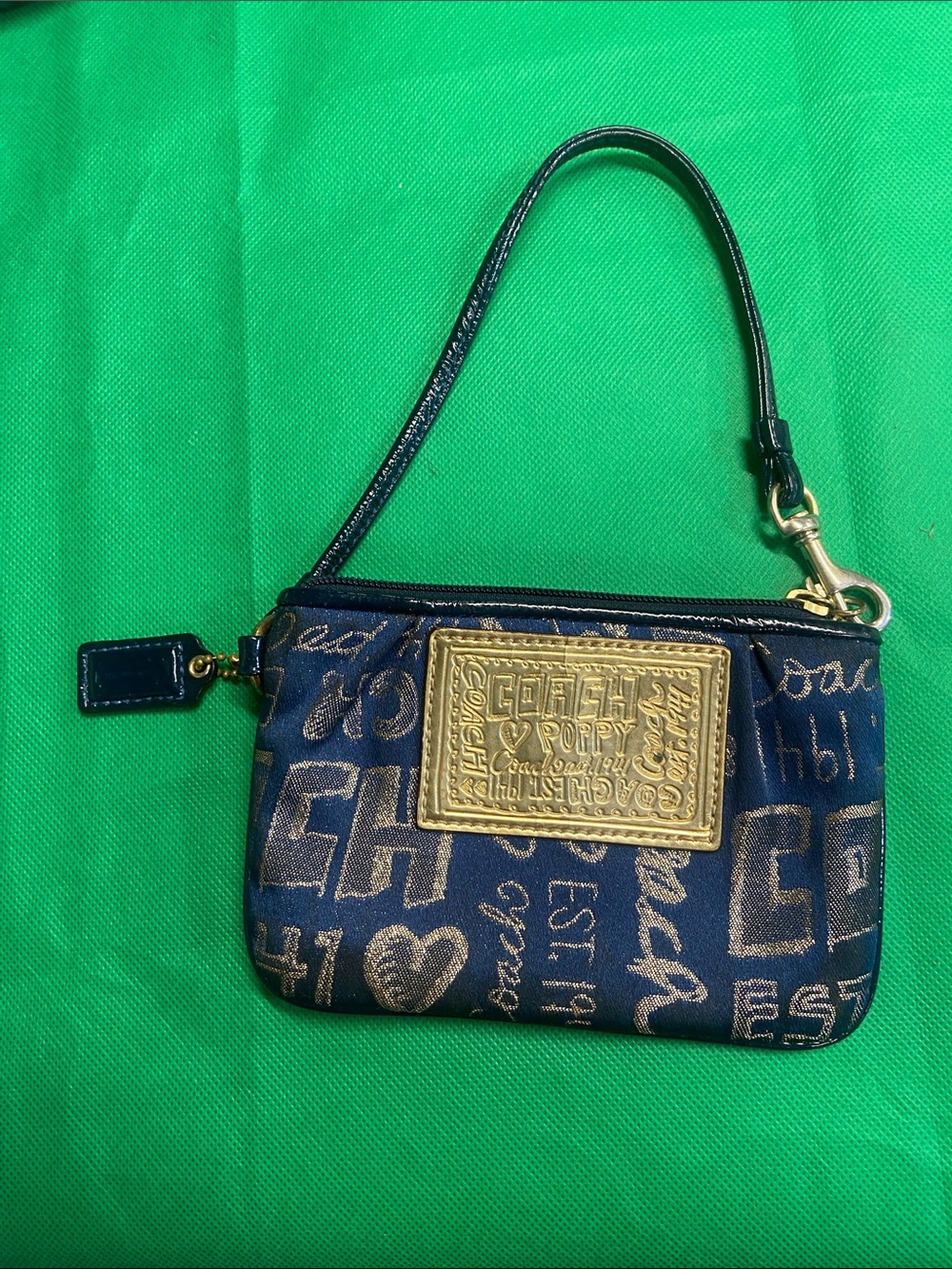 Vintage Coach Graffiti Script Navy and Gold Poppy Wristlet with Gold Plaque